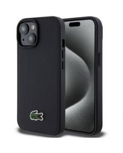 Funda Case Lacoste Magsafe Piqué Logo Bordado PU Para iPhone 15-Negro