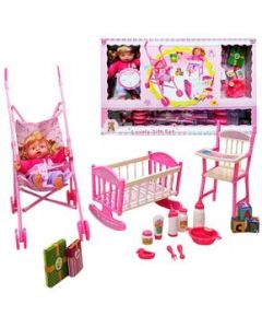 Set de Muñeca de Juguete con Carriola, Cuna y Accesorios Rosa - Rosa