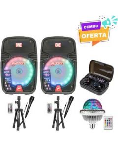 Kit Fiesta PBS-8027-COMBO 2 Bafles 8", 2 Tripiés, 2 Micrófonos, audífonos inalámbricos y Foco Bluetooth con Luz Led y Bocina