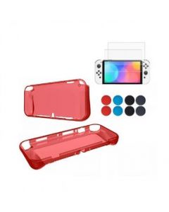 Funda Tpu Para Nintendo Switch Oled + 8 Grips + Mica- Rojo