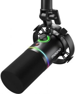 MAONO - Kit de micrófono dinámico XLR/USB, micrófono Gamer RGB con Software, silencio, perilla de Ganancia, Control de Volumen, Brazo de Pluma para podcast,streaming, Gamer, Voz en Off, (Black)