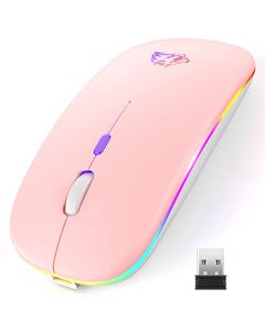 EASYTAO Mouse Inalámbrico, Mouse Bluetooth/Wireless2.4GHz Modos Dual Recargable con Iluminación RGB, Click Silencioso con Receptor USB 3 Ajustable dpi Ratón para Computadora, Portátil, PC, Mac (Rosa)