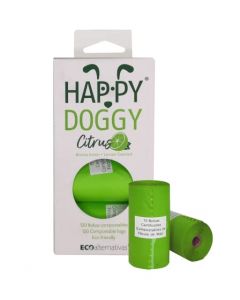 Ecoalternativas | HappyDoggy aroma limón, Bolsas Certificadas Compostables para heces de Mascota, de Fécula de Maíz, 120 Bolsas 22x32cm Compostables verdes en 8 Rollitos aroma limón