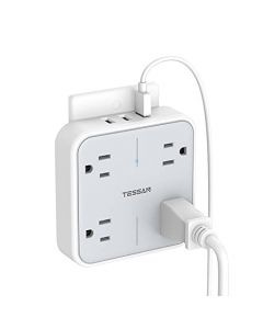 TESSAN Regleta Multicontacto Pared USB, Conector Multiple con 4 Enchufes de CA 3 USB, Protector de Sobretensión, Enchufe para el Hogar, Oficina, Dormitorio, Cocina, Travel Essentials