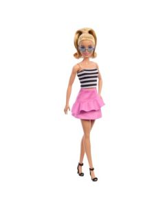 Barbie Fashionista Muñeca Blusa de Rayas Blanco y Negro con Falda Rosa para niñas de 3 años en adelante