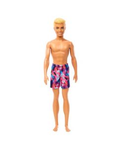 Barbie Fashion & Beauty Muñeco Ken de Playa con Traje de Baño Rosa y Azul para niñas de 3 años en adelante