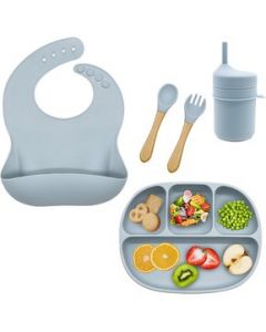 Set comida bebe BPA FREE 5pz babero plato cubiertos y vaso entrenador