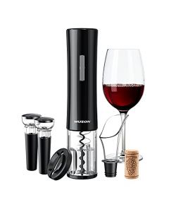 muson abridor de vino eléctrico, sacacorchos automático con cortador de papel de aluminio, 2 tapones de vacío, aireador, abridor de botellas de vino, juego de regalo 4 en 1 con pilas para la cocina casera de los amantes del vino