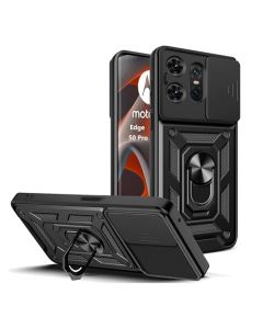 WRTBS Funda para Motorola Edge 50 Pro 5G Case, Carcasa Cubierta de cámara Deslizante Proteger 360 Full Protección Anillo Soporte Bumper Case - Negro