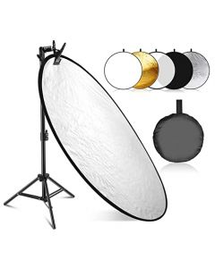 NEEWER - Kit de Reflector de luz de 110 cm, Reflector Redondo Plegable 5 en 1 (translúcido/Plateado/Dorado/Blanco/Negro), Abrazadera de Metal y Soporte Corto de 53 a 110 cm para fotografía de Estudio