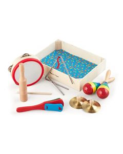 Melissa & Doug ¡Banda en una caja! ¡Palmotea, Resuena y Zapatea! Instrumentos Variados Musicales de Juguete con Caja Para Almacenamiento (10 Piezas)