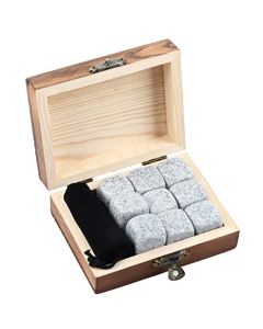 Juego de 9 Piedras para Enfriar Whisky, Piedras para Sorber Redondas de Granito Reutilizables con Caja de Madera, Vasos de Cristal, Rocas para Enfriador para Regalos, Bar, Fiesta en(Sésamo blanco)