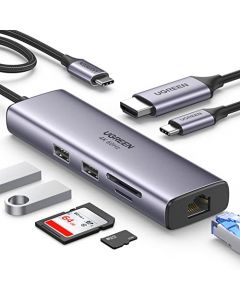 UGREEN Hub USB C, 7 en 1 Adaptador USB C a HDMI 4K 60Hz, Gigabit Ethernet, 100W PD Carga, Lector de Tarjetas SD TF, 2 USB 3.0 Compatible con MacBook Pro Air M1 M2 iPad iPhone 15 DELL Switch Steam Deck