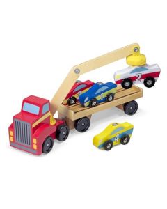 Melissa & Doug Set de Juguete Cargador Magnético de Autos, Juguete de Madera, Automóviles y Camiones, Ayuda a Desarrollar Habilidades Motoras (4 Autos y un Camión Semi-remolque)