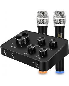 Rybozen Juego de Sistema de Mezclador de micrófono portátil para Karaoke, con micrófono inalámbrico UHF Dual, Entrada y Salida AUX para Karaoke, Cine en casa, Amplificador, Altavoz