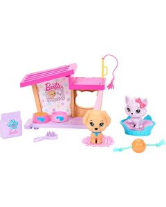 Barbie: My First Accessories, Story Starter Paquete de Cuidado de Mascotas con casa de Perro, Cachorro y Gato, Juguetes para niños pequeños, Escala de 13.5 Pulgadas