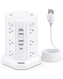 WISAN Regleta Vertical Torre sobretensión de 12 Tomas, con 4 Puertos de Carga USB-A y 1 USB-C 18W y Cable de 2,0 m,Power Strip Torre Enchufe de Seguridad（Blanco