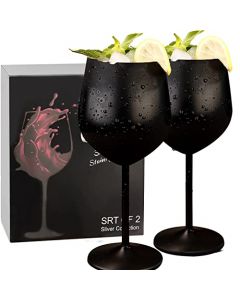 Copas de Vino de Acero Inoxidable con Tallo(Juego de 2, 510ML),Copas de Vino Tinto, Taza de Cóctel, para Navidad、Fiestas、Oficinas, Aniversarios de Bodas, Perfecto para Vino Tinto y Blanco（Negro）