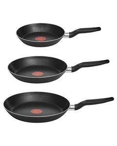 T-FAL Juego de sartenes easy cook negro cubierta antiadherente para una cocina fácil con indicador de calor thermo-señal y base de difusión. Medidas de sartén 20, 24 y 26 cm, B4440482AMAM