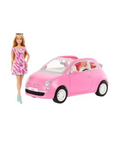 Barbie Vehículo para Muñecas Fiat Rosa con Muñeca para niñas de 3 años en adelante