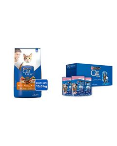 Purina - Cat Chow Comida para Gato, Adulto, Deli Mix, 15.0 kg + Cat Chow Defense Hydro Gatito Pescado Alimento Húmedo Pack 24 Pzas de 85g