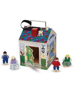 Melissa & Doug Casa de Muñecas Portátil con Timbre en las Puertas, Sonidos de Timbre, Llaves, Juguete de Madera, 4 Muñecas Flexibles de Madera