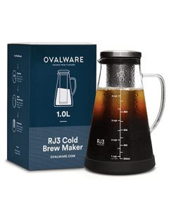 Cafetera hermética para café en frio e Infusor para té con pico – Jarra de vidrio Ovalware RJ3 para colar con filtro extraíble de acero inoxidable… (1.0 Liter)