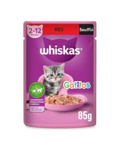 Whiskas Alimento Húmedo para Gatitos, Sabor Soufflé De Res 85g c/u. Paquete de 24 Unidades