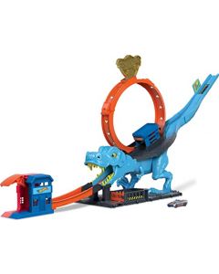 Hot Wheels City Toy - Juego de Pista de Coche T-Rex para Cortar con vehículo a Escala 1:64, golpea el Dinosaurio Gigante con Acrobacias, se Conecta a Otros Juegos