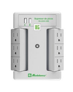 Koblenz Supresor de Picos Multicontacto Pared, Protección de 2000 Joules, 6 Contactos Giratorios, 1 LED, 2 Puertos USB 2.4A, Protección Platinum, SS-2000 USB, 00-5348-00-8