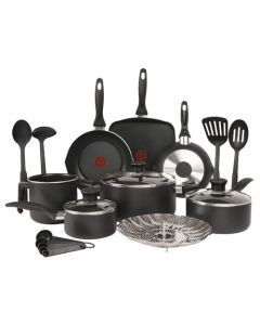 T-fal Batería de Cocina Easy Care de 20 piezas color Negra con Antiadherente Titanium, tecnología Thermo Señal, de fácil limpieza y base difusora para crear deliciosas recetas, B466SK84