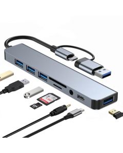 Hub USB C 3.0 8 en1, Adaptador USB a Tipo C Multipuerto con Jack 3.5, 4 Puertos USB 1 Puerto USB C, Puertos TF y SD, Adaptador para MacBook Air/Pro iPad y Más Dispositivos PC/Laptop/Tablet