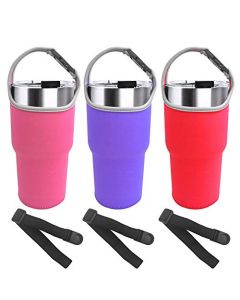 Paquete de 3 Portavasos Porta bolsa para todos los 30 oz Taza de café aislada de viaje de acero inoxidable, funda de neopreno Sonku con asa de transporte, Apta para YETI Rambler Ozark Trail Rtic y más: rojo, rosa, púrpura