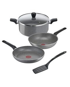 T-fal Batería de Cocina 5 piezas Cocina Natural Efecto Piedra con Antiadherente Mineralia, Gris