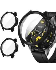 Suoman 2-Pack Funda para Huawei Watch GT4 46mm Protectora Pantalla de Vidrio Templado,[ 9H Dureza ] PC Protector de Pantalla Case para Huawei Watch GT4 46mm-Negro+Negro