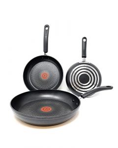 T-Fal C547S3CT Durable Titanium Nonstick Thermo-Spot Heat Indicator Fry Pan Cookware Set, 3-Piece, 8"-20.3cm,9.75"-24.8cm and 11.25"-28.6cm, Fry Pan Set (Black)