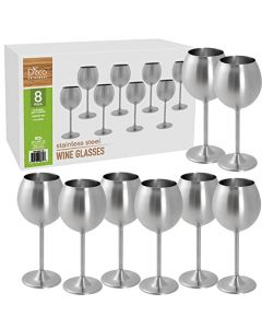 D'Eco - Copas de vino irrompibles de acero inoxidable de 12 onzas (paquete de 8 unidades) – Copas de vino de plata mate de tallo grande – Vasos reutilizables para interiores y exteriores – Mantiene el