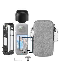 LEWOTE Kit de accesorios 7 en 1 compatible con Insta360 X4 [marco protector de aluminio jaula y tapa de silicona][2 unidades de película de protección de pantalla 3D] [bolsa de transporte con