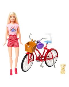 Barbie, Set de Juego Bicicleta con Muñeca y Perrito, para Niñas de 3 Años en Adelante, Mattel