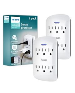 PHILIPS, Multicontacto de Pared de 6 Salidas con Supresor de Picos, 900 Julios, Protectores contra Sobretensiones, Certificacion ETL, Blanco, Paquete de 2, SPP3466WA/37