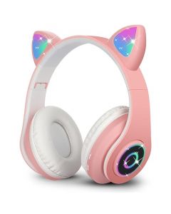 Sendowtek Auriculares Inalámbricos con Orejas de Gato Auriculares Bluetooth 5.0 con Micrófono Auriculares de Música Plegables LED Over-Ear Hi-Fi Headphones para Juego/Música/PC/Cellphone (Rosa)