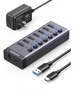 UGREEN Hub USB 3.0, Concentrador de 7 Puertos Independientes con LED e Interruptores Adaptador de Aluminio 12V/2A para PC, Portátil, Mac, MacBook Pro/Air, 1M