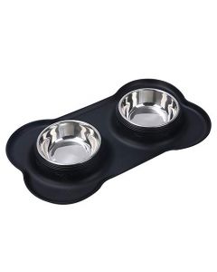 Plato para Perro 2 Tazones Desmontables de Acero Inoxidable, Tapete Silicon en Forma de Hueso, Sin BPA, con Bordes Antiderrames,Tazones para Alimento y Agua, Tazones para Perro y Gato (Mediano, Negro)