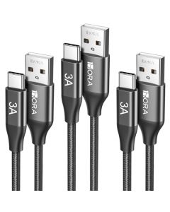 1 Hora Cable USB A a USB C Carga Rápida, 3 Pack 60W Cable Tipo C 20V 3A, Nylon Trenzado, Compatible con iP 15, Samsung Galaxy S23/S22/S21/A14, OPPO A17, Motorola E22, 1M