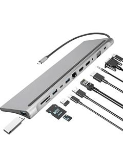 Estación De Acoplamiento Usb C, 12 En 1 Usb C Hub, Monitor Dual Adaptador Universal Docking Station With 2 Tipo C HDMI VGA Gigabit Ethernet, Visualización Extendida Multipuerto USB 3.0 Para Laptop