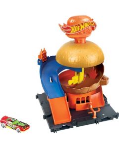 Hot Wheels City, Tienda de Hamburguesas, Pista de Juguete para niños de 4 años en adelante Compatible con Otros Sets