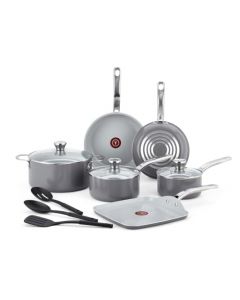 T-fal Fresh Gourmet - Juego de utensilios de cocina antiadherentes de cerámica reciclada, 12 piezas, apto para asadores de horno, 500 F, tapa segura 350 F, juego de cocina con sartenes, cacerolas,