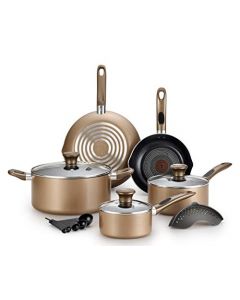 T-fal Batería de Cocina de 14 piezas Excite con Antiadherente Proglide, tecnología Thermo-Spot y difussion Base, incluye escurridor y juego de 5 cucharas medidoras, B036SE64