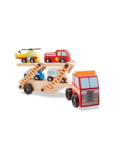 Melissa & Doug Transportador de Vehículos de Emergencias, Juguete de Camión Tractor-Remolcador de 2 Niveles con 4 Vehículos, Juguete de Madera, Automóviles y Camiones