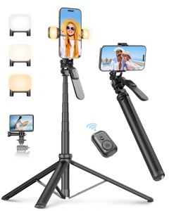 Eocean 200CM/78.7" Tripode para Celular, Selfie Stick Antivibración con Mango de Equilibrio y Luz de Vídeo y Control Remoto, Trípode de Viaje Versátil Compatible con iPhone/Android/GoPro/Insta360